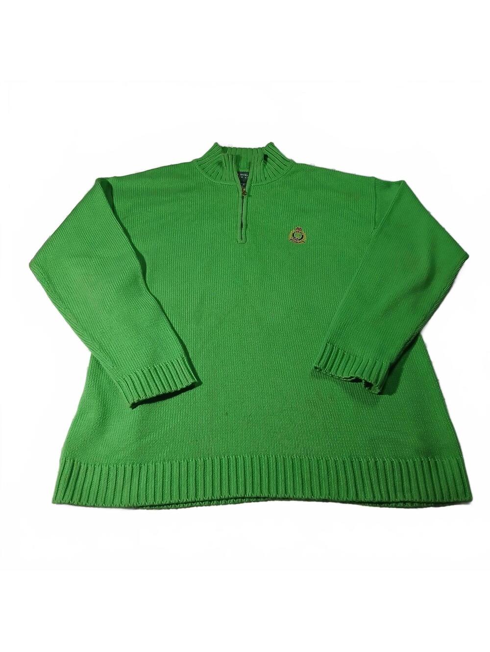 Ralph Lauren Green Quarter Zip Cotton Sweater Crest Logo Preppy Mens Large